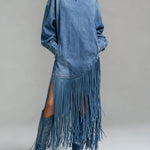Ursime Daily Blue High Collar Lantern Sleeve Long Sleeve Strappy Western Pocket Denim Midi Dresses [Pre-Order]