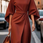 Elegant waist dress with casual batwing sleeves