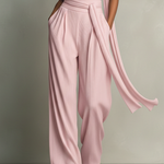 Women's Blush Pink Ribbed Knit Jumpsuit With Cowl Neck & Self-Tie Waist, Timeless Romantic-Luxe Style Jumpsuit