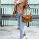 Stylish Leather Lapel Pocket British Style Cropped Jacket