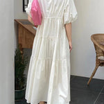 Bishop Sleeve Loose Embroidered Pleated V-Neck Midi Dresses