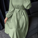 Loose Puff Sleeves Elasticity Pleated Solid Color Split-Joint Tied Waist Round-Neck Midi Dresses