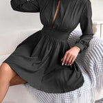 A-Line Elasticated Waist Hollow Solid Color Zipper Half Turtleneck Mini Dresses