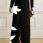 Long Sleeves Loose Contrast Color Flower Print Split-Joint Round-Neck Maxi Dresses