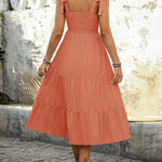A-Line High Waisted Contrast Color Jacquard Pleated Split-Joint Adjustable Straps Midi Dresses