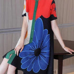 A-Line Loose Buttoned Flower Print Pleated Round-Neck Midi Dresses