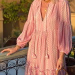 Marrakech Stories Linen Blend Printed Balloon Sleeve Pocketed A-line Midi Dress