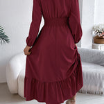 A-Line Elasticated Waist Pleated Solid Color Round-Neck Maxi Dresses