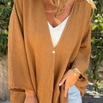 Solid Color V-neck Loose Long-sleeved Button Top