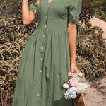Short-sleeved v-neck solid color cotton and linen dress