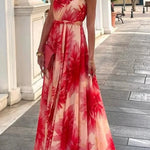 Floral Print One Shoulder Waist Tie Full Hem Resort Style Maxi Dress