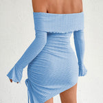 Bodycon High Waisted Asymmetric Drawstring Pleated Solid Color Split-Joint Off-The-Shoulder Mini Dresses