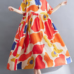 Artistic Retro Short Sleeves Loose Contrast Color Printed Round-Neck Midi Dresses