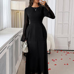 Elasticated Waist Flared Sleeves See-Through Solid Color Split-Joint Round-Neck Maxi Dresses