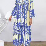 A-Line Long Sleeves Buttoned Contrast Color Pleated Printed Split-Joint Stand Collar Maxi Dresses Shirt Dress
