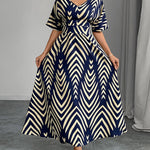 Elasticated Waist High Waisted Contrast Color Geometric Printed Split-Joint V-Neck Maxi Dresses