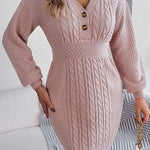 Buttoned V-neck twist lantern sleeves hip-hugging sweater dress