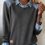 Women'S Casual Lapel Denim Stitching Pullover Sweatshirt