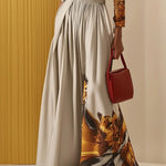 Long Sleeves Loose Floral Printed Pleated Split-Joint V-Neck Jumpsuits