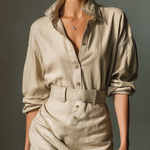 Women's Beige Linen Fabric Button-Front Shirt Dress