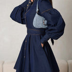 A-Line Long Sleeves Buttoned Pleated Split-Joint Tied Waist Mock Neck Mini Dresses