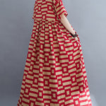 Loose Short Sleeves Plaid Round-Neck Midi Dresses