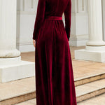 Long Sleeves Wrap Belted Pleated Solid Color Zipper Round-Neck Maxi Dresses
