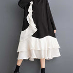 A-Line Long Sleeves Contrast Color Pockets Ruffle Trim Split-Joint V-Neck Midi Dresses