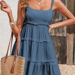 A-Line Loose Jacquard Layered Pleated Solid Color Split-Joint Spaghetti-Neck Mini Dresses