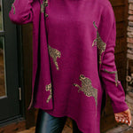 Margovil High Neck Side Slit Cheetah Pattern Sweater