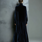 Women's Elegant Navy Blue Velvet High-neck Long-sleeved Loose-fitting Maxi Dress