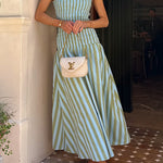 High Neck Sleeveless Smocked Bodice Striped Midi Dress