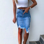 Margovil Ripped Raw Hem Irregular Bodycon Denim Skirt
