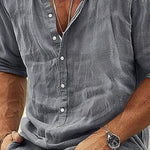 Men's Casual Cotton Linen Stand Collar Long-Sleeved Pullover Shirt