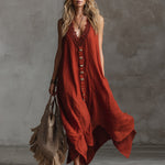 Vintage And Charming Red Cotton And Linen Sleeveless Maxi Dress