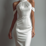 Women's Ivory Satin Fabric Halter Maxi Dress With Cold-Shoulder Detail