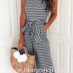 Margovil Sleeveless Knot Waist Wide Leg Striped Jumpsuit
