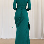 Bodycon High Waisted Asymmetric Pleated Ruffled Solid Color Split-Joint Round-Neck Maxi Dresses