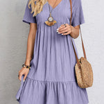 A-Line Loose Pleated Solid Color Split-Joint V-Neck Mini Dresses