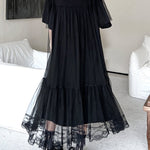 Fake Two-Piece Loose Gauze Pleated Solid Color Split-Joint Tiered Round-Neck Midi Dresses