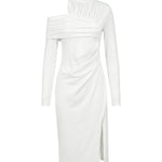 Irregularity Long Sleeves Asymmetric Pleated Solid Color Split-Front Split-Joint Split-Side High Neck Midi Dresses