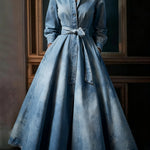 Ursime Light Blue Denim Stand Collar Long Sleeve Pocket Pleated Belt Maxi Dress