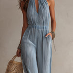 Vintage Chiffon Pleated Jumpsuit With Keyhole Neckline