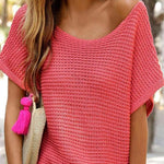Red Clay Plain Knit Loose Batwing Sleeve Blouse