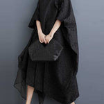 Batwing Sleeves Loose Asymmetric Flower Shape Gauze Jacquard Pleated Solid Color Split-Joint Round-Neck Midi Dresses