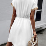 A-Line Elasticated Waist Contrast Color Drawstring Hollow Split-Joint Tasseled Tied V-Neck Mini Dresses