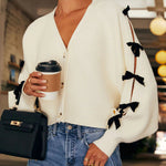 Fashionable V-neck Long-sleeved Bow-knotted Knitted Cardigan