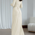 Bodycon High Waisted Asymmetric Pleated Ruffled Solid Color Split-Joint Round-Neck Maxi Dresses