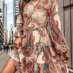 Long Sleeves Loose Buttoned Flower Print Split-Joint V-Neck Mini Dresses