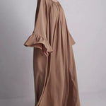 A-Line Flared Sleeves Pleated Solid Color Split-Joint Round-Neck Maxi Dresses